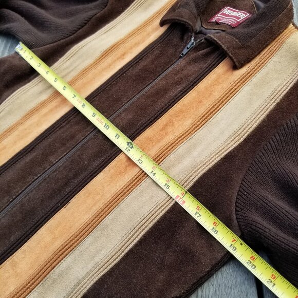Vintage 70s Suede Leather Sweater Jacket Mens Medium Brown Orange Retro Stripe - Picture 3 of 15